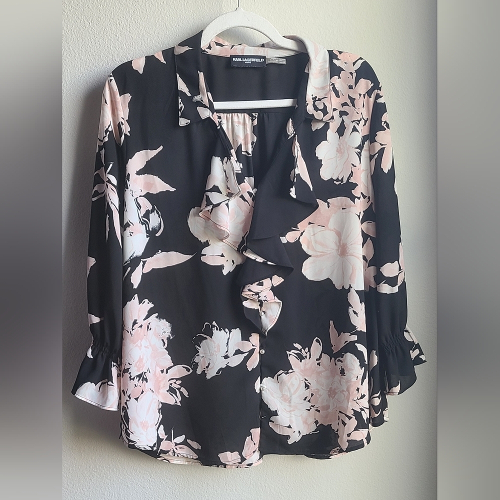 Karl Lagerfeld - Women’s Floral LS Blouse with Bell Sleeves